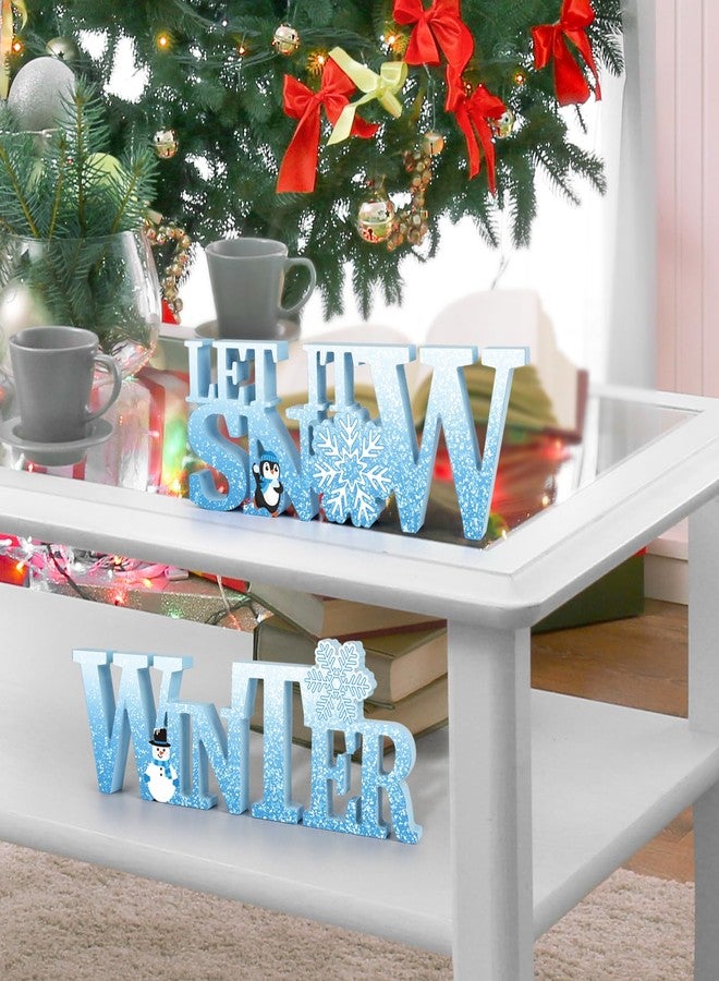COCHIE Wooden Winter Let It Snow Sign, Snowflake Winter Decorations for Home, Office, Shelf, Mantel, Indoor, Blue White Wood Table Top Party Decor (Blue) - Image 5